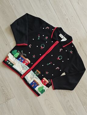 Vintage Tabi Christmas Sweater Zip Up Snowscape Candycane And Snow, Small